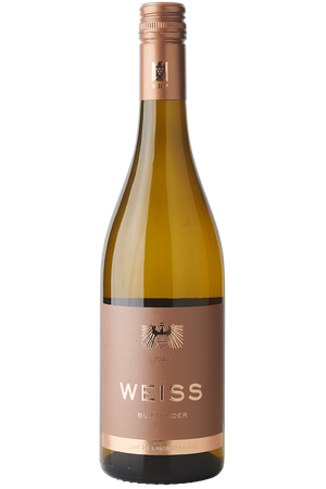 Eine Flasche deutscher Weisswein in einer Burgunder Flasche mit Kupfer farbenen Schraubverschluss.