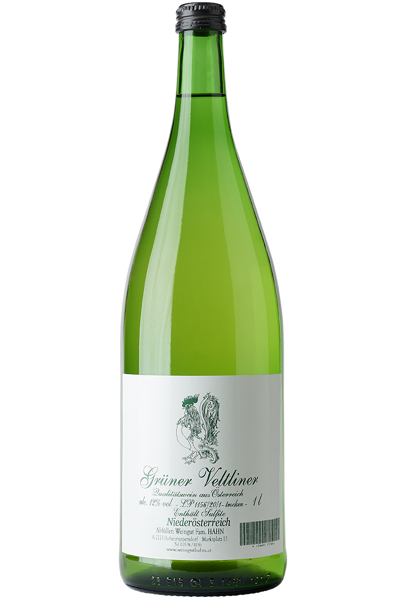 Eine Flasche österreichischer Weisswein in einer Literflasche ohne Kapsel mit Schraubverschluss.