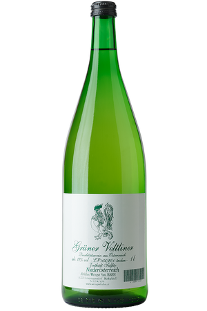 Eine Flasche österreichischer Weisswein in einer Literflasche ohne Kapsel mit Schraubverschluss.