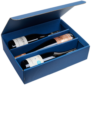 Eine versandfertige blaue Präsentbox mit drei Flaschen Weisswein aus Riesling, Chardonnay und Sauvignon blanc.