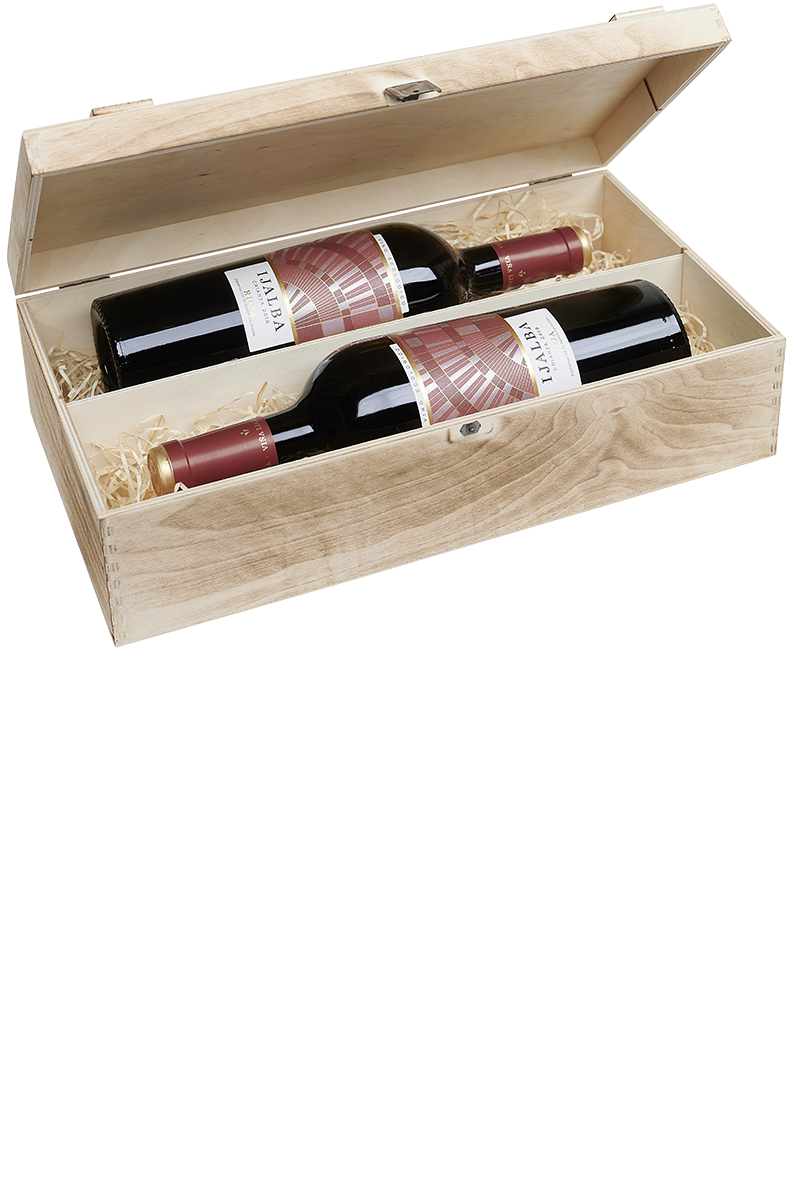 Eine versandfertige Weinkiste aus Holz mit jeweils zwei Flaschen spanischem Bio Rotwein.
