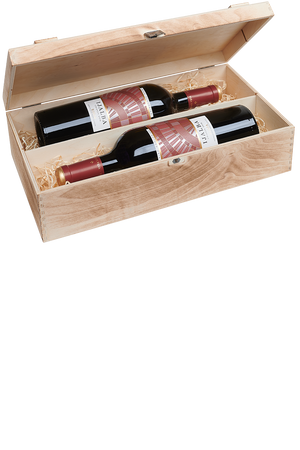 Eine versandfertige Weinkiste aus Holz mit jeweils zwei Flaschen spanischem Bio Rotwein.