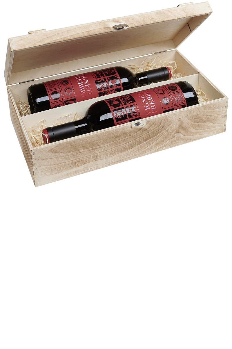 Eine versandfertige Weinkiste aus Holz mit jeweils zwei Flaschen italienischem Bio Rotwein.