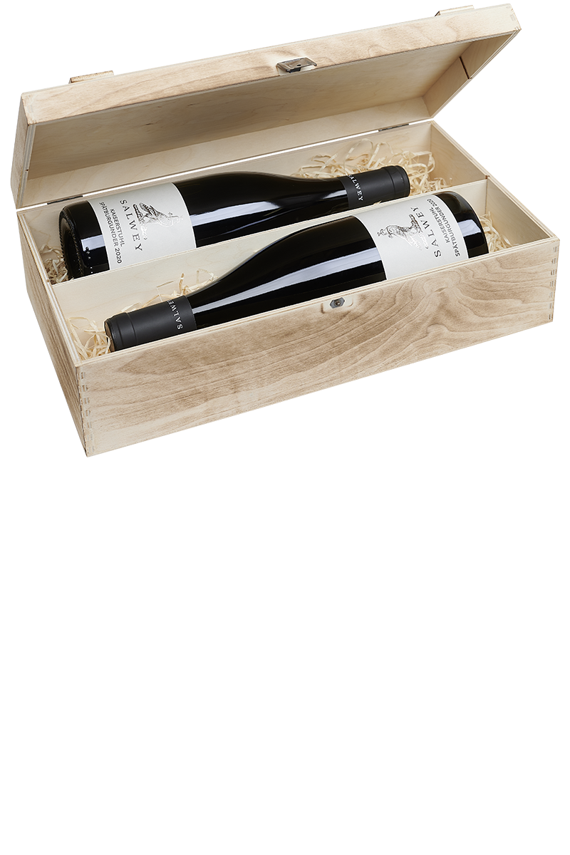 Eine versandfertige Weinkiste aus Holz mit jeweils zwei Flaschen deutschem Rotwein.