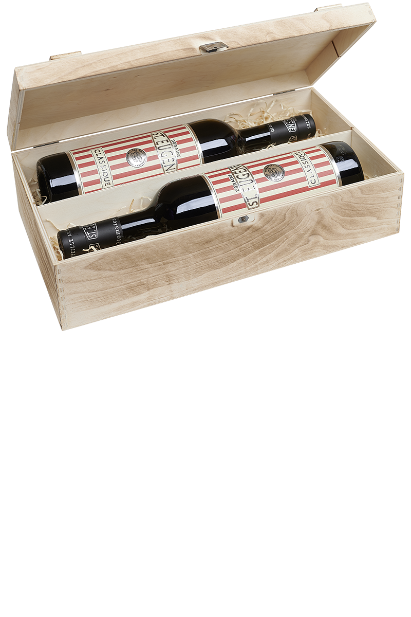 Eine versandfertige Weinkiste aus Holz mit jeweils zwei Flaschen französischem Rotwein.