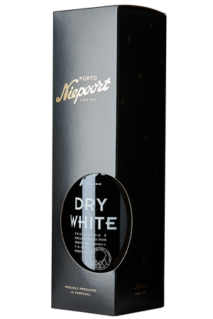 Eine Flasche weißer Portwein in einer Portwein Flasche mit einer weißen Kapsel in einer Schachtel.