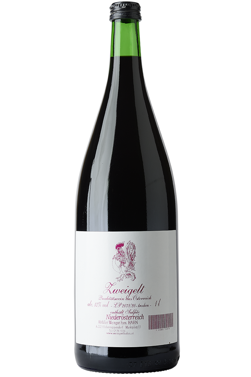 Eine Flasche österreichischer Rotwein in einer Literflasche ohne Kapsel mit Schraubverschluss.