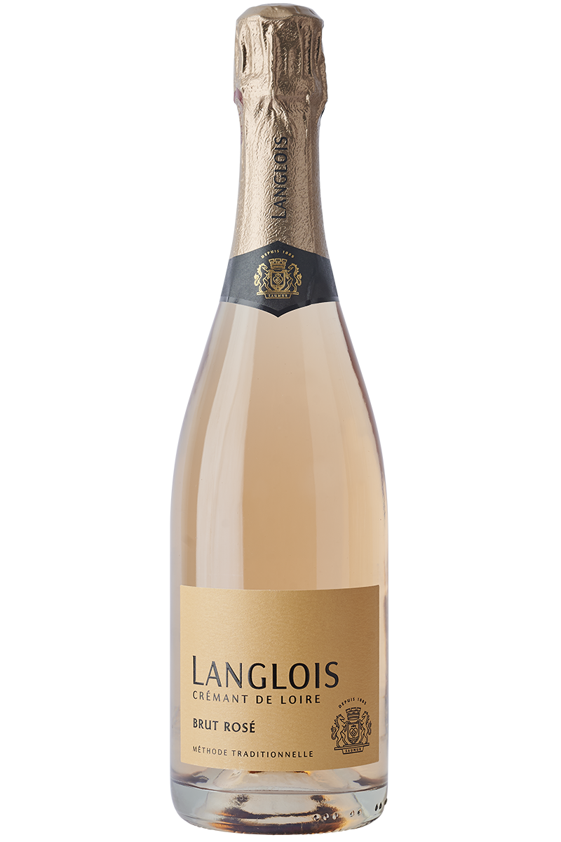 Eine Flasche französischer Rosé Crémant in einer weißen Sektflasche mit einer Kupfer farbenen Kapsel.