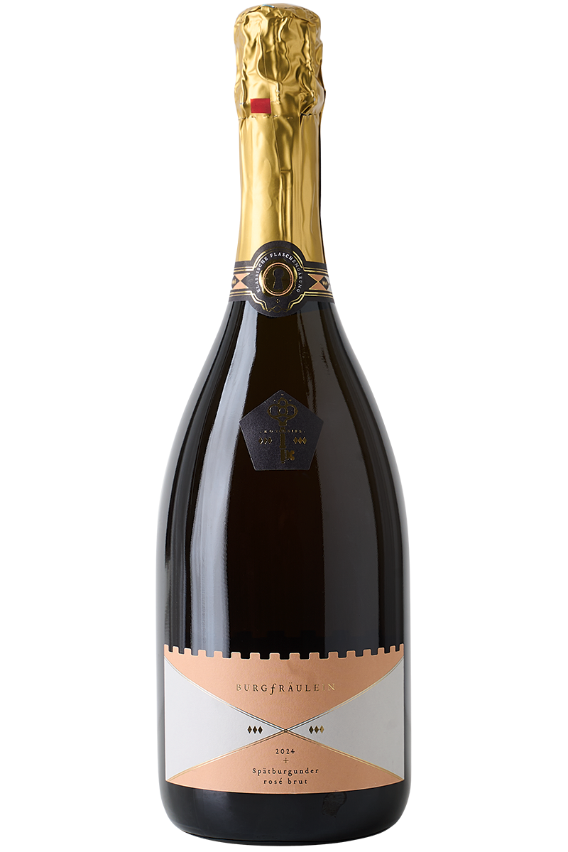 Eine Flasche deutscher Winzer Sekt Rosé Flaschengärung aus Spätburgunder in einer Sektflasche mit goldener Kapsel.