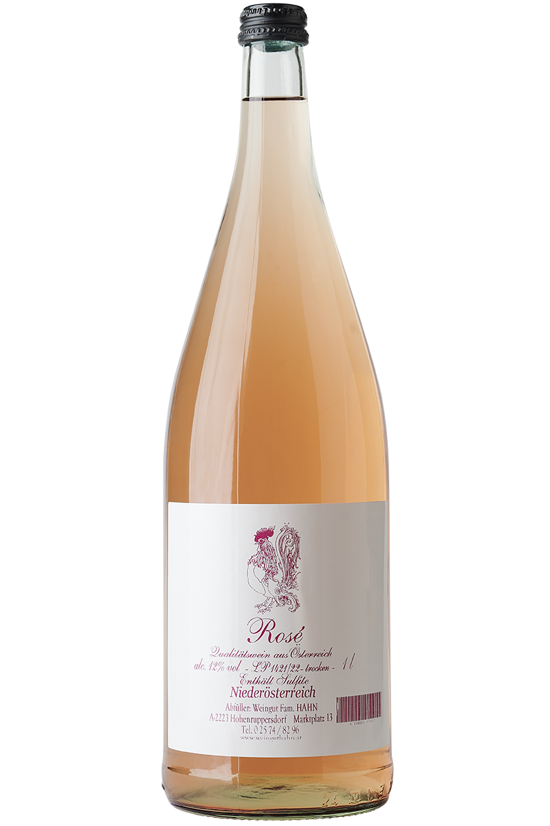 Eine Flasche österreichischer Roséwein in einer Literflasche ohne Kapsel mit Schraubverschluss.