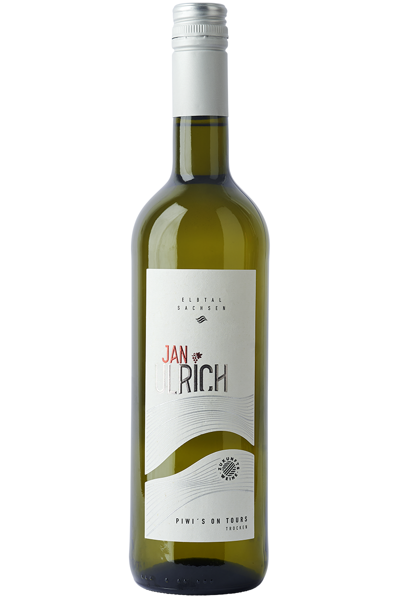 Eine Flasche deutscher Weißwein aus Piwi Reben in einer Bordeaux Flasche mit einem silbernen Schraubverschluss.