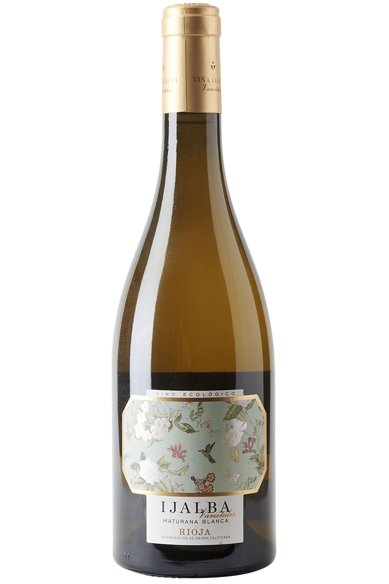 Eine Flasche spanischer (Bio-) Weißwein in einer Burgunderflasche mit einer goldenen Kapsel.
