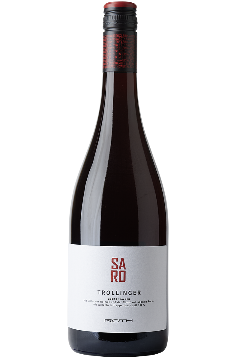 Eine Flasche deutscher Rotwein aus Trollinger in einer Burgunder Flasche mit einem schwarzen Schraubverschluss.