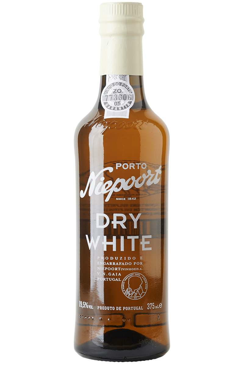 Eine Flasche weißer Portwein in einer Portwein Halbflasche mit einer weißen Kapsel.