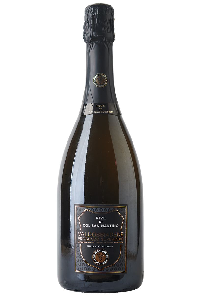 Eine Flasche italienischer Prosecco in einer dunklen Sektflasche mit einer schwarzen Kapsel.