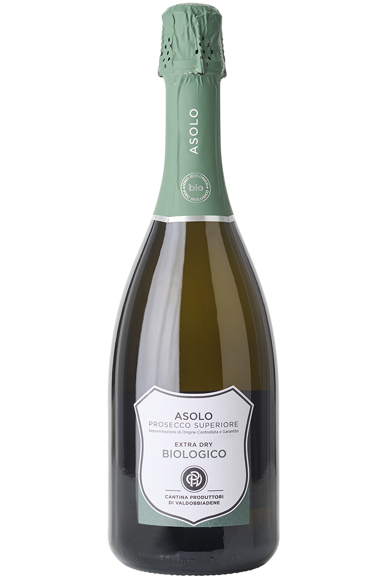 Eine Flasche italienischer Bio Prosecco Spumante in einer Sektflasche mit einer grünen Kapsel.