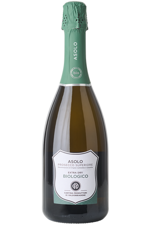 Eine Flasche italienischer Bio Prosecco Spumante in einer Sektflasche mit einer grünen Kapsel.