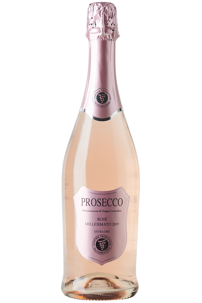 Eine Flasche Prosecco Spumante in einer weißen Sektflasche mit einer rosafarbenen Kapsel.