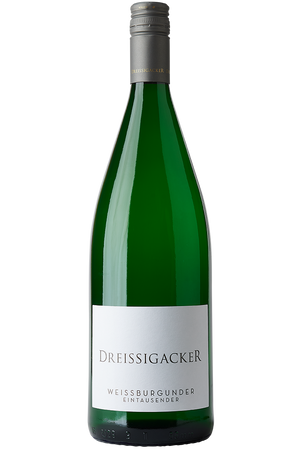 Eine Flasche deutscher Bio Weisswein aus Weissburgunder in einer Literflasche mit grauem Schraubverschluss.