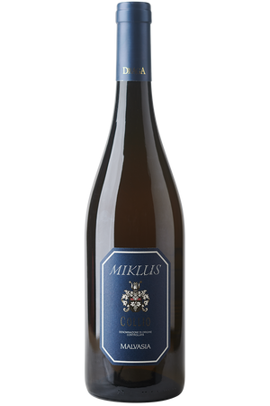 Eine Flasche italienischer Weißwein aus Malvasia Trauben in einer Burgunder Flasche mit einer blauen Kapsel.