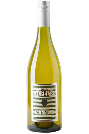 Eine Flasche französischer Weißwein in einer Burgunderflasche mit einem silbernen Schraubverschluss.