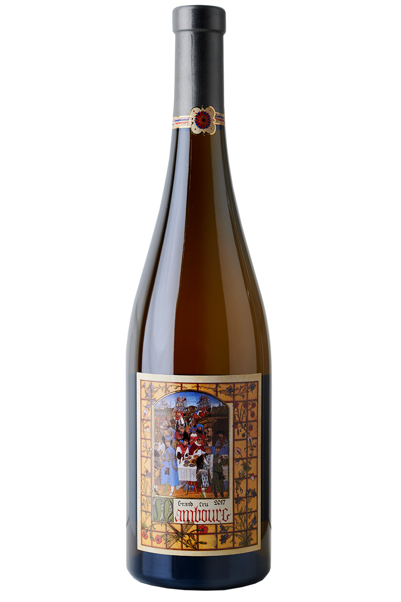 Eine Flasche elsässischer Bio Weißwein aus Spätburgunder, Pinot Beurot und Grauburgunder in einer Burgunderflasche mit einer grauen Kapsel.