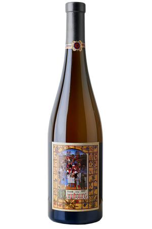 Eine Flasche elsässischer Bio Weißwein aus Spätburgunder, Pinot Beurot und Grauburgunder in einer Burgunderflasche mit einer grauen Kapsel.