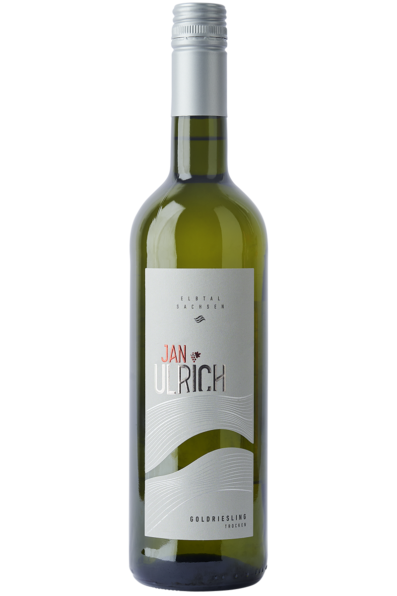 Eine Flasche deutscher Weißwein in einer Bordeaux Flasche mit einem silbernen Schraubverschluss.