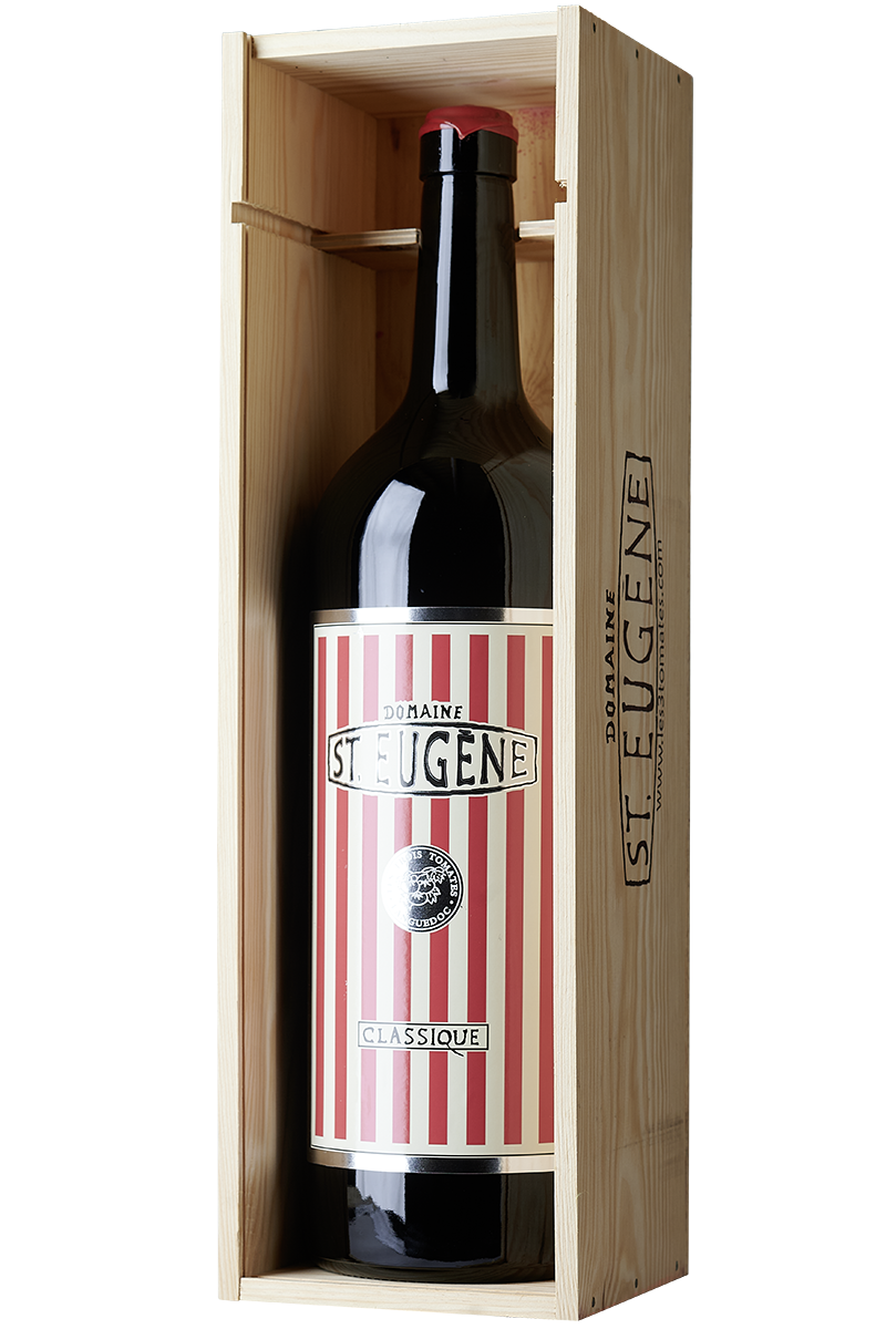 Eine Flasche französischer Rotwein Cuvée in einer 5 LIter Jeroboam Weinflasche ohne Kapsel.