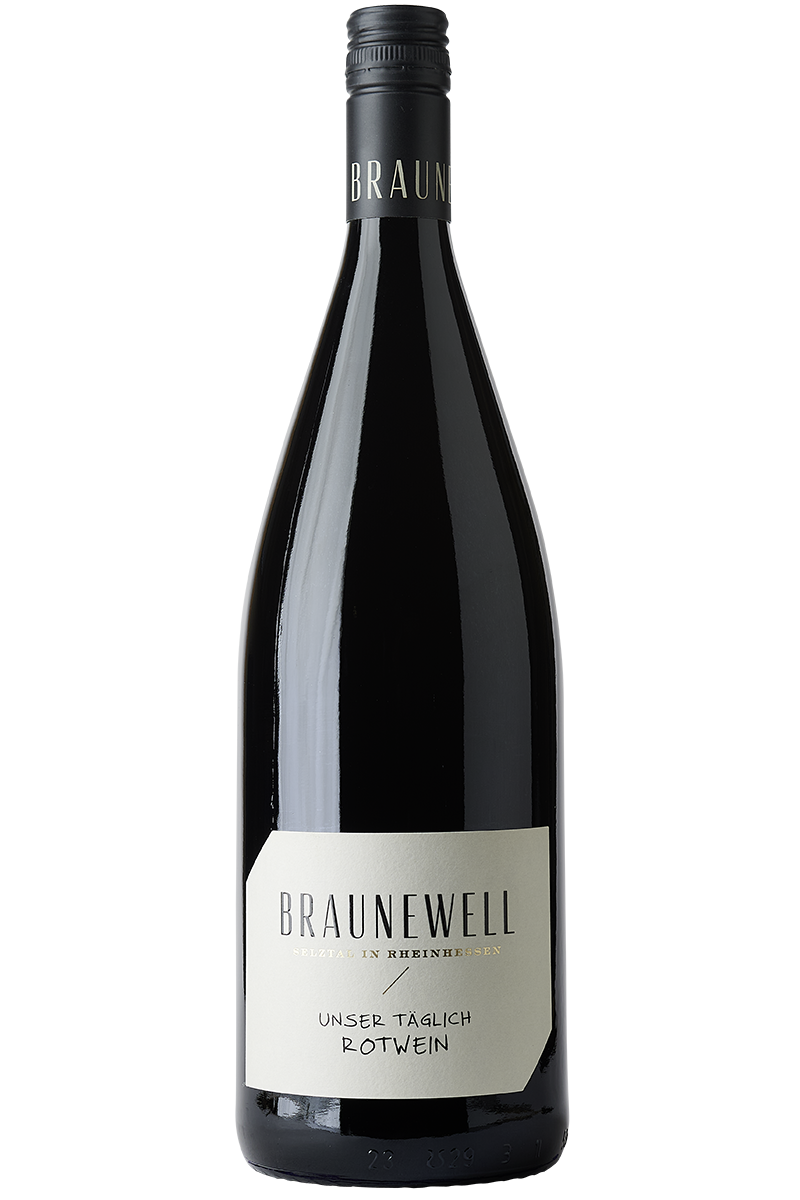 Eine Flasche deutscher Rotwein Cuvée in einer Literflasche mit schwarzem Schraubverschluss.