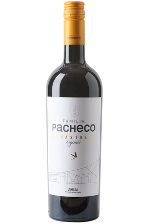 Eine Flasche spanischer Bio Rotwein aus Monastrell in einer Bordeaux Flasche mit einem gelben Schraubverschluss.