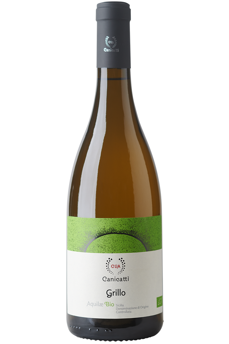 Eine Flasche italienischer Bio Weisswein in einer Burgunder Flasche mit schwarzer Kapsel.