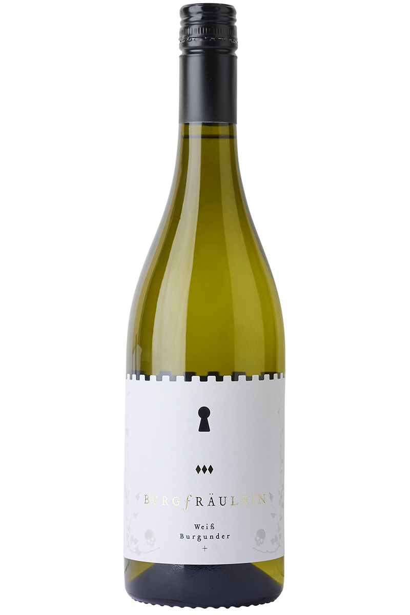 Eine Flasche deutscher Weisswein in einer Burgunder Flasche mit schwarzem Schraubverschluss.