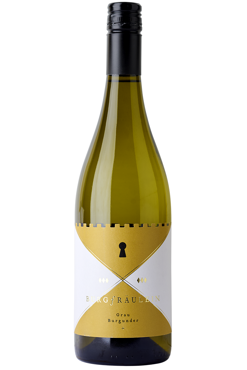 Eine Flasche deutscher Weisswein in einer Burgunder Flasche mit schwarzem Schraubverschluss.