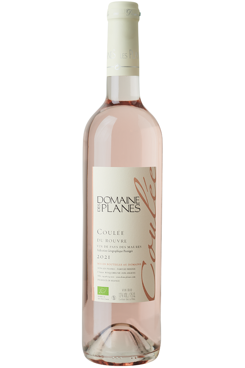 Eine Flasche französischer bio Roséwein in einer Bordeaux Flasche mit einer weißen Kapsel.