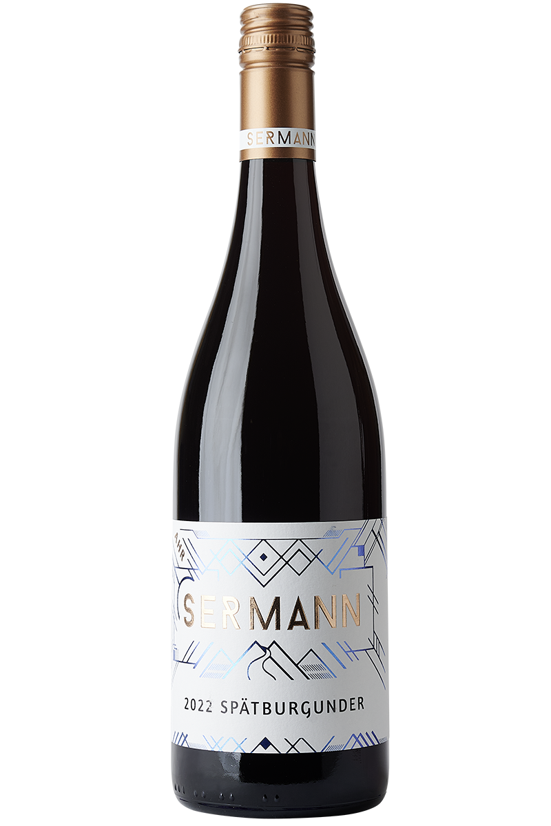 Eine Flasche deutscher Rotwein aus Spätburgunder in einer Burgunder Flasche mit kupfer farbenem Schraubverschluss.