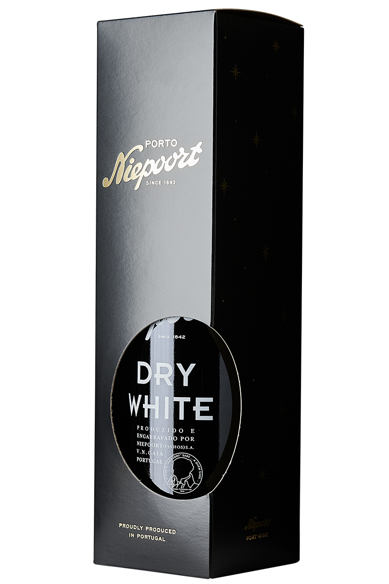 Eine Flasche weißer Portwein in einer Portwein Flasche mit einer weißen Kapsel in einer Schachtel.