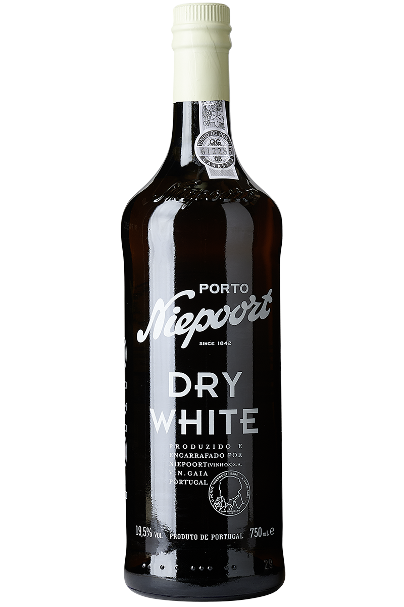 Eine Flasche weißer Portwein in einer Portwein Flasche mit einer weißen Kapsel.