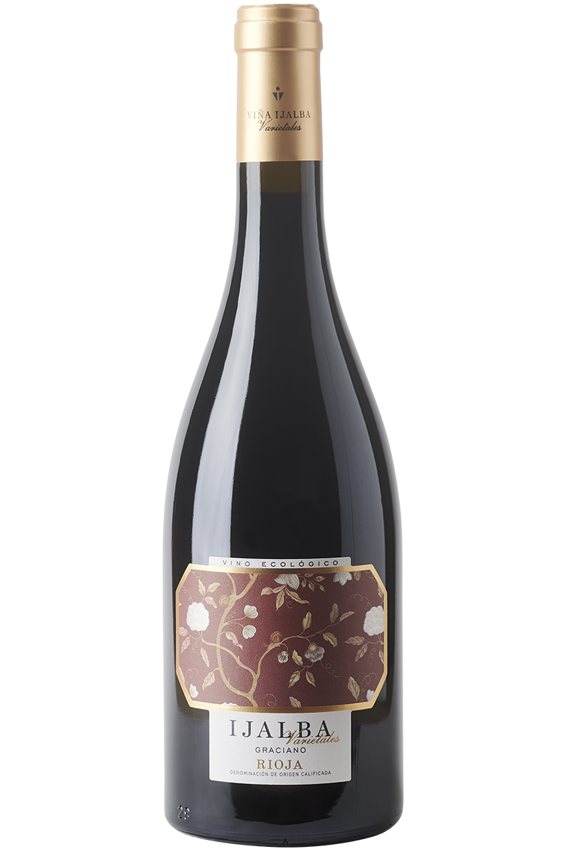 Eine Flasche spanischer Bio Rotwein aus Graciano in einer Burgunder Flasche mit kupferfarbener Kapsel.