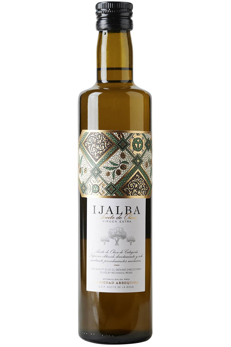 Eine Flasche spanisches Oliven Öl aus Arbequina in einer Glasflasche mit schwarzem Schraubverschluss.