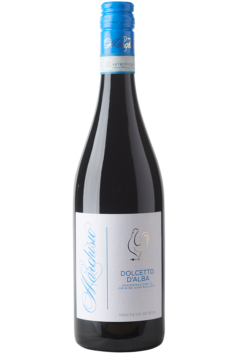 Eine Flasche italienischer Rotwein aus Dolcetto Trauben in einer Burgunder Flasche mit einem blauen Schraubverschluss.