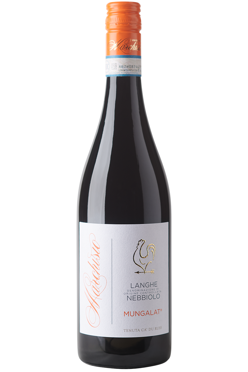 Eine Flasche italienischer Bio Rotwein in einer Burgunder Flasche mit einem orangenen Schraubverschluss.