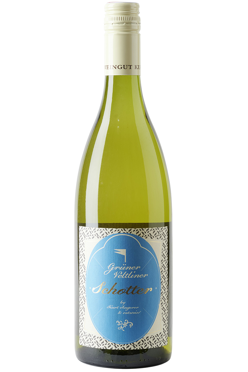 Eine Flasche österreichischer Weisswein in einer Burgunder Flasche mit weisser Kapsel.