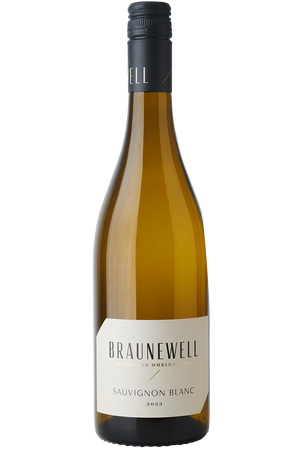 Eine Flasche deutscher Weisswein in einer Burgunder Flasche mit einem schwarzen Schraubverschluss.