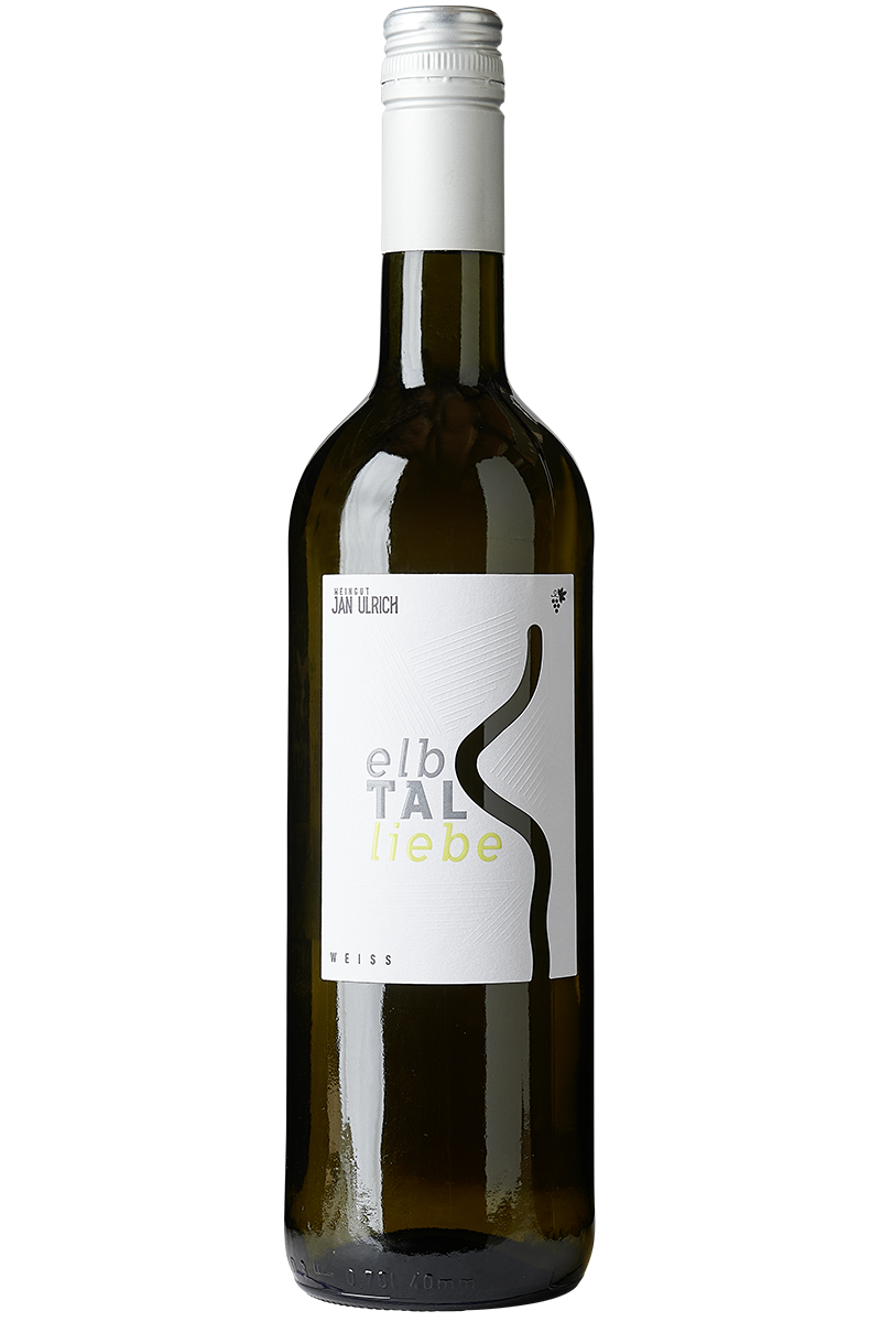 Eine Flasche deutscher Weisswein Cuveé in einer Bordeaux Flasche mit silbernem Schraubverschluss.