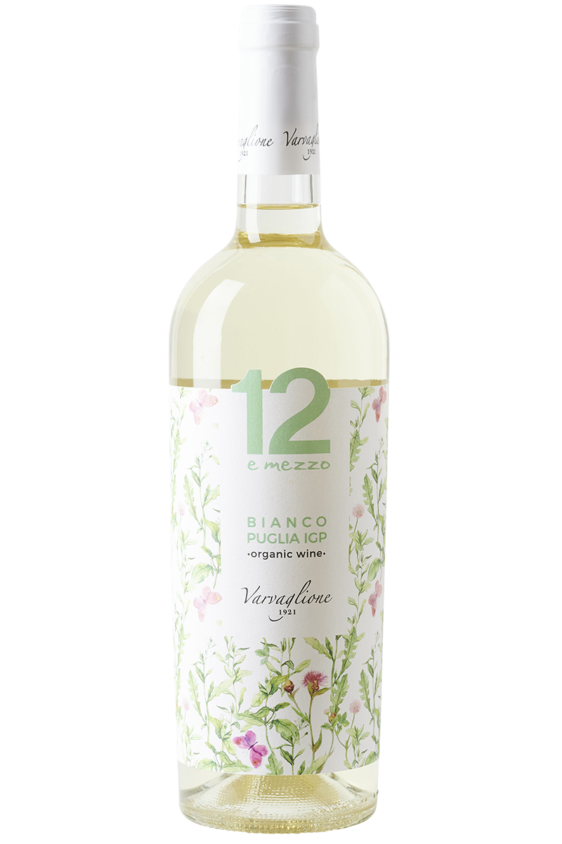 Eine Flasche Italienischer Bio Weisswein in einer Bordeaux Flasche mit einer weissen Kapsel.