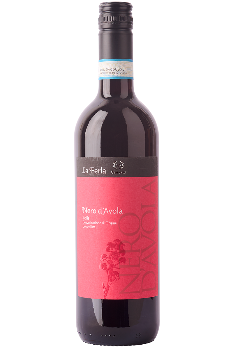 Eine Flasche italienischer Rotwein aus Sizilien in einer Bordeaux Flasche mit einem schwarzen Schraubverschluss.