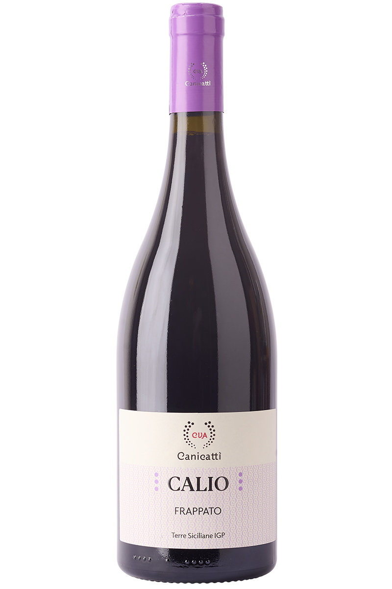 Eine Flasche italienischer Rotwein aus Sizilien in einer Burgunder Flasche mit einer lila Kapsel.