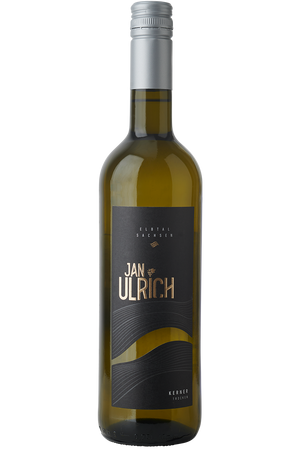 Eine Flasche deutscher Weisswein in einer Bordeaux Flasche mit einem silbernen Schraubverschluss.