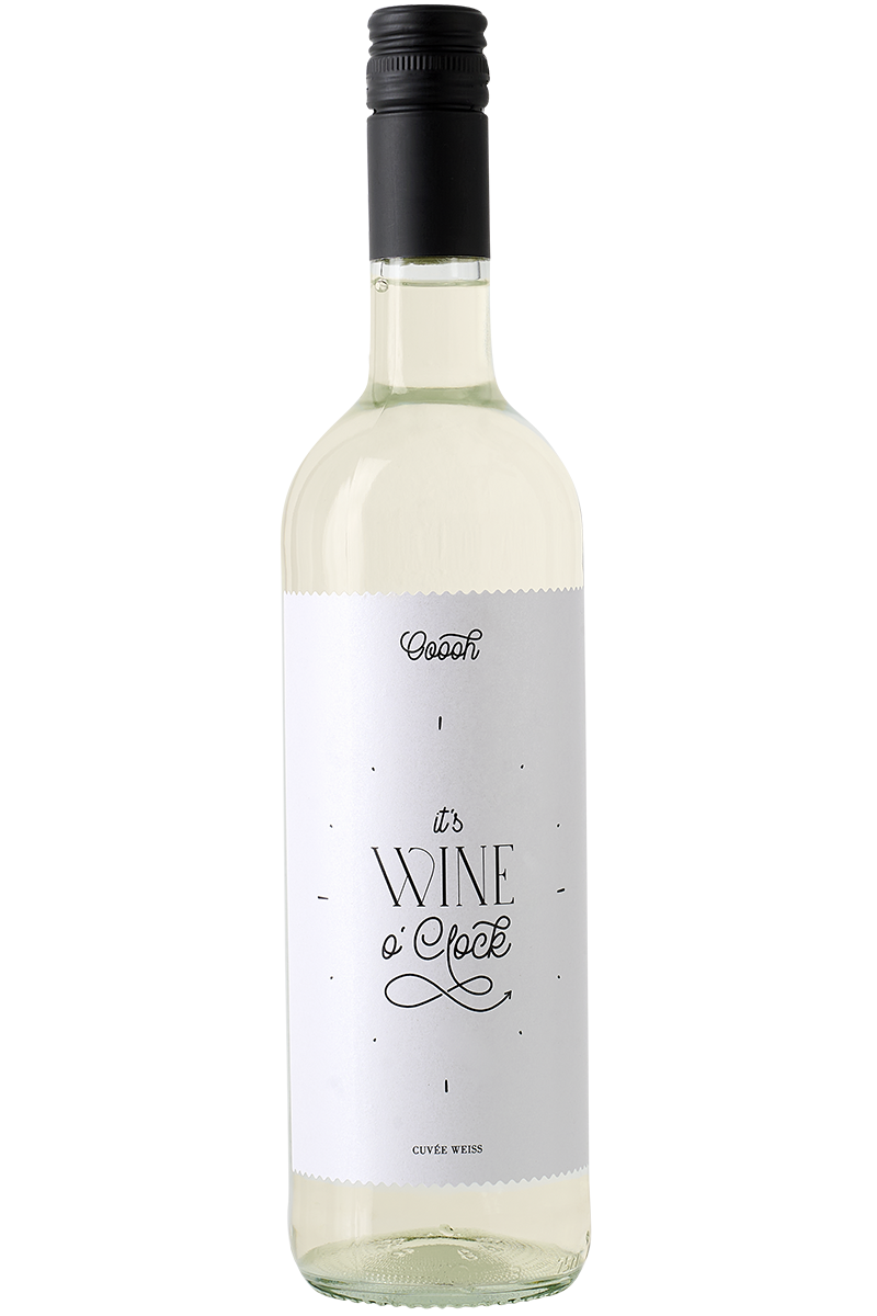 Eine Flasche deutscher Weißwein in einer Bordeaux - Flasche mit einem schwarzen Schraubverschluss.